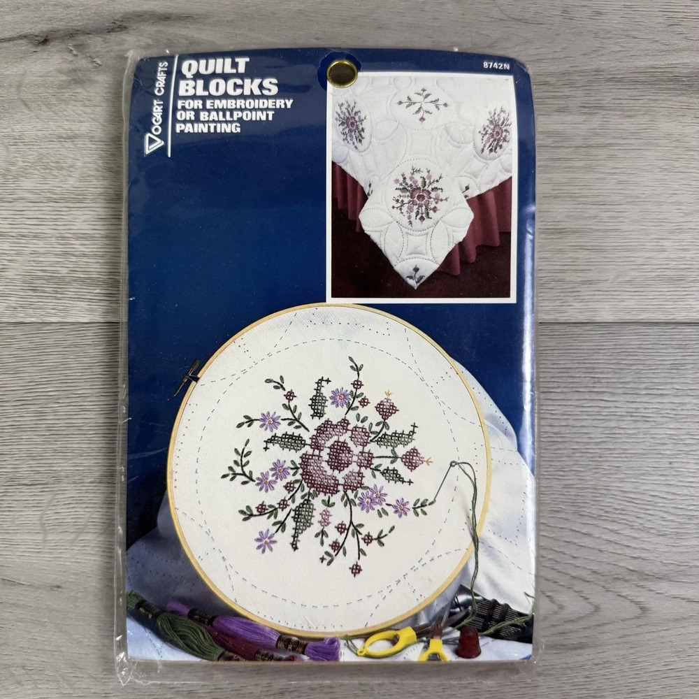 Vogart Crafts Quilt Blocks Cross Stitch Embroidery Floral Cotton White USA Set